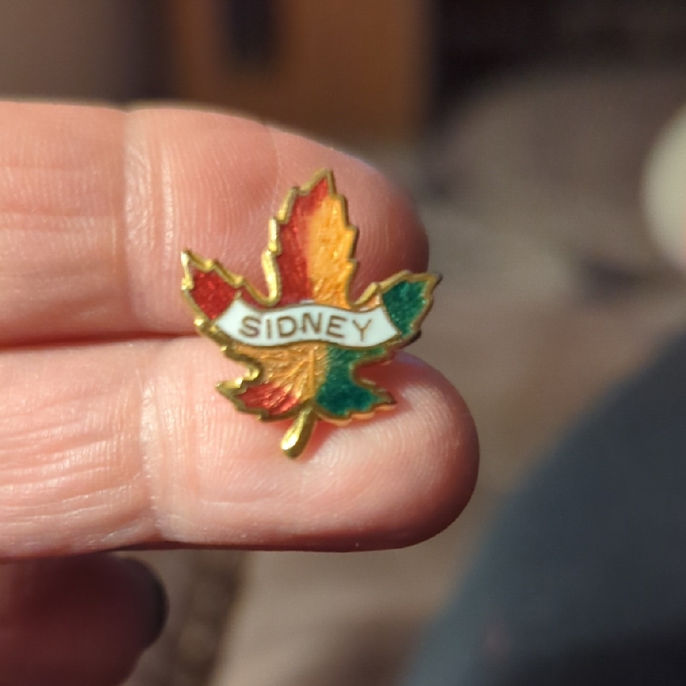 vintage Sidney enamel souvenir pin featuring a maple leaf design. 